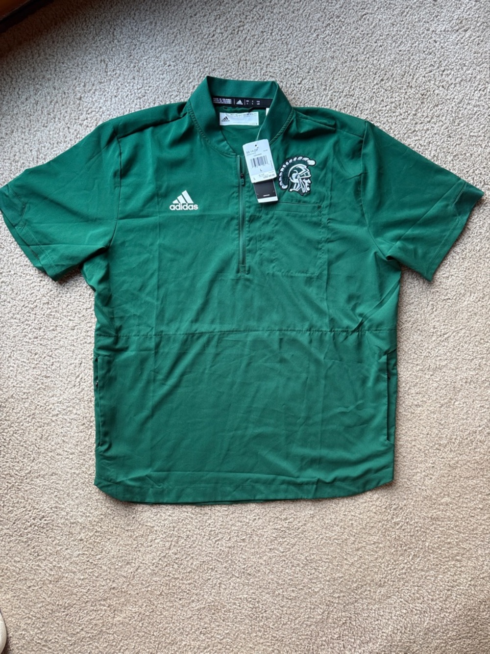 adidas Men's Green Short-Sleeve 1/4 Zip Athletic Polo with Trojan Logo